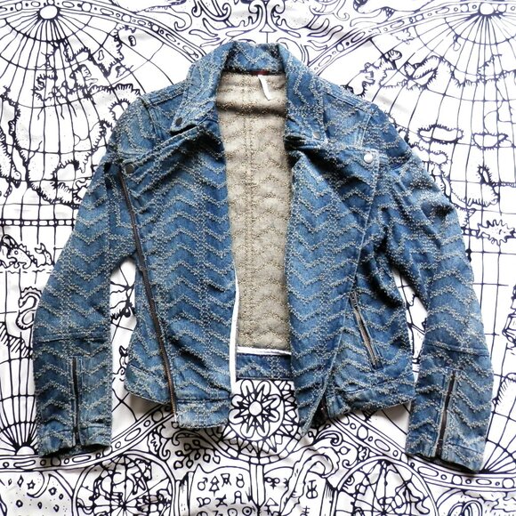 Free People || Punched Denim Herringbone Biker Jacket - Picture 6 of 11